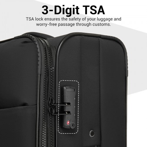 KSN2593 - 3 Piece Softshell Expandable Luggage Set 20/26/30 Inch, Lightweigh Suitcase with Silent Wheels & Organised Interior for Travel - Black