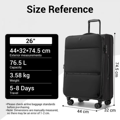 KSN2593 - 26 inch Women's Lightweight Softshell Suitcase with Spinner Wheels and Spacious Compartments - Black