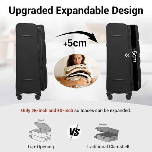 KSN2593 - 26 inch Women's Lightweight Softshell Suitcase with Spinner Wheels and Spacious Compartments - Black