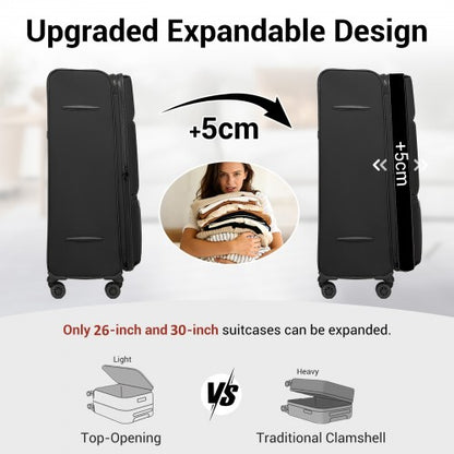 KSN2593 - 30 inch Women's Lightweight Softshell Suitcase with Spinner Wheels and Spacious Compartments - Black