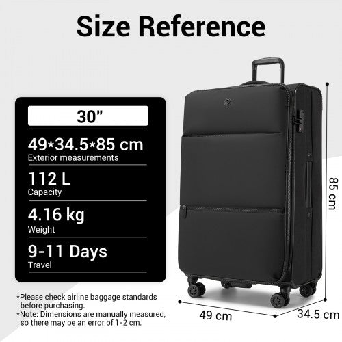 KSN2593 - 3 Piece Softshell Expandable Luggage Set 20/26/30 Inch, Lightweigh Suitcase with Silent Wheels & Organised Interior for Travel - Black