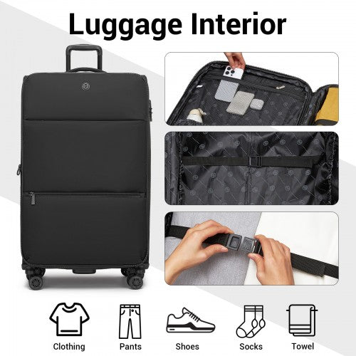 KSN2593 - 3 Piece Softshell Expandable Luggage Set 20/26/30 Inch, Lightweigh Suitcase with Silent Wheels & Organised Interior for Travel - Black
