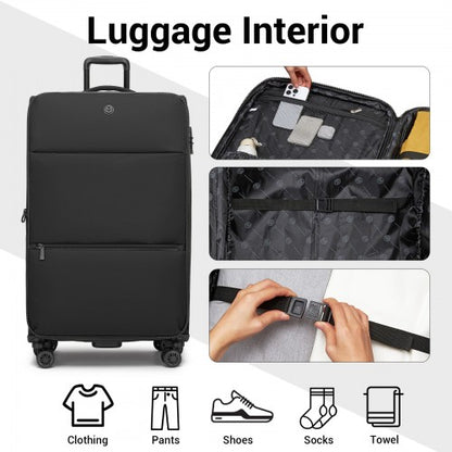 KSN2593 - 30 inch Women's Lightweight Softshell Suitcase with Spinner Wheels and Spacious Compartments - Black