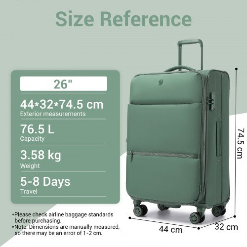 KSN2593 - 3 Piece Softshell Expandable Luggage Set 20/26/30 Inch, Lightweigh Suitcase with Silent Wheels & Organised Interior for Travel - Green