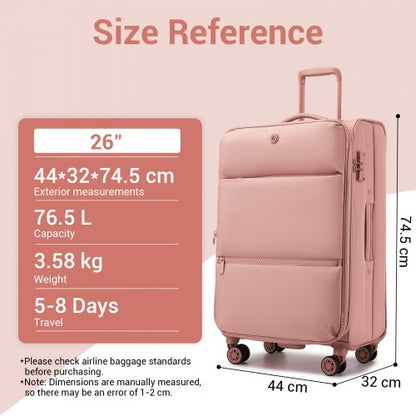 KSN2593 - 26 inch Women's Lightweight Softshell Suitcase with Spinner Wheels and Spacious Compartments - Pink