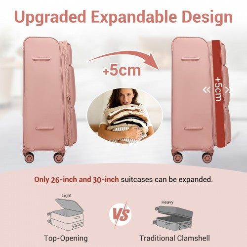 KSN2593 - 3 Piece Softshell Expandable Luggage Set 20/26/30 Inch, Lightweigh Suitcase with Silent Wheels & Organised Interior for Travel - Pink
