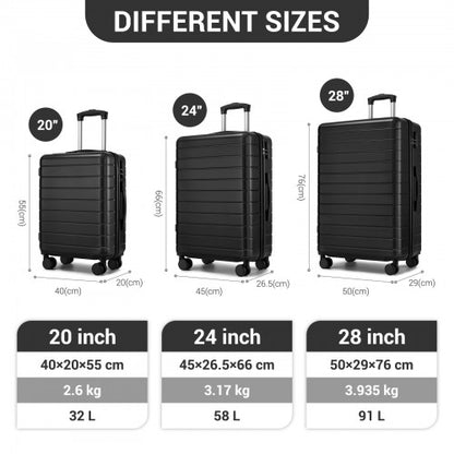KSN2691 - 3-Piece Hard Shell Luggage Set (20/24/28 Inch), Lightweight ABS Suitcases with Silent Wheels & Combination Locks - Black
