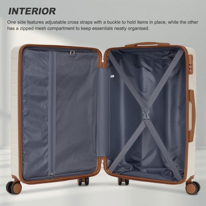 KSN2691 - 24 Inch Checked Luggage, Durable ABS Hard Shell Suitcase with 360 Silent Spinner Wheels & Secure Combination Lock - Cream And Brown