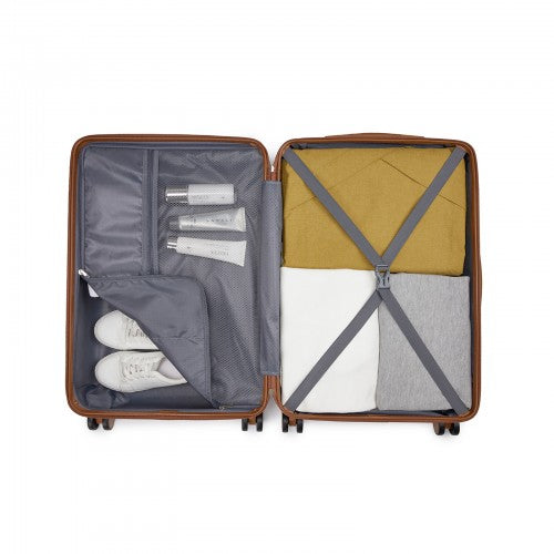 KSN2691 - 24 Inch Checked Luggage, Durable ABS Hard Shell Suitcase with 360 Silent Spinner Wheels & Secure Combination Lock - Cream And Brown