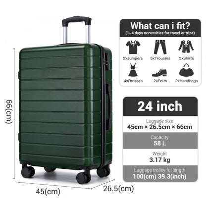KSN2691 - 24 Inch Checked Luggage, Durable ABS Hard Shell Suitcase with 360 Silent Spinner Wheels & Secure Combination Lock - Green