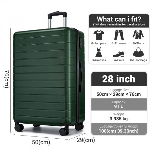 KSN2691 - 28 Inch Large Checked Luggage, Premium ABS Hard Shell Suitcase with 360 Silent Wheels & Secure Combination Lock - Green