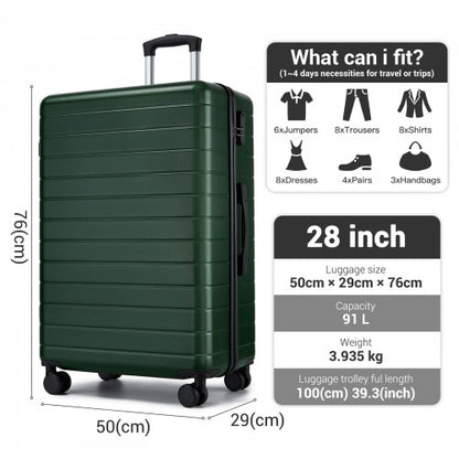 KSN2691 - 28 Inch Large Checked Luggage, Premium ABS Hard Shell Suitcase with 360 Silent Wheels & Secure Combination Lock - Green