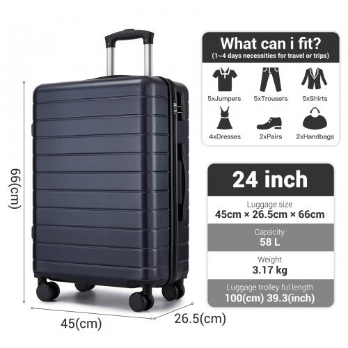 KSN2691 - 24 Inch Checked Luggage, Durable ABS Hard Shell Suitcase with 360 Silent Spinner Wheels & Secure Combination Lock - Navy