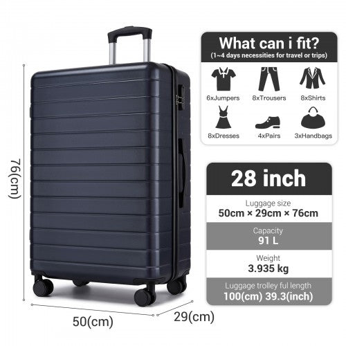 KSN2691 - 28 Inch Large Checked Luggage, Premium ABS Hard Shell Suitcase with 360 Silent Wheels & Secure Combination Lock - Navy