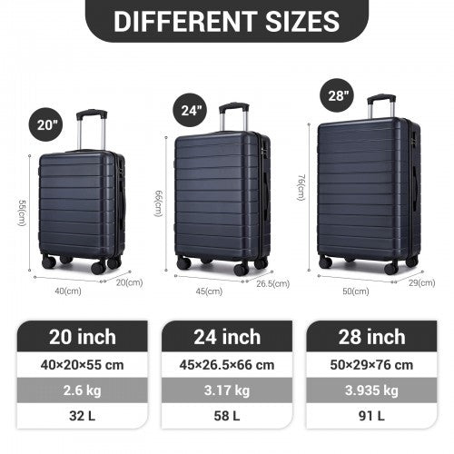 KSN2691 - 3-Piece Hard Shell Luggage Set (20/24/28 Inch), Lightweight ABS Suitcases with Silent Wheels & Combination Locks - Navy