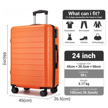 KSN2691 - 24 Inch Checked Luggage, Durable ABS Hard Shell Suitcase with 360 Silent Spinner Wheels & Secure Combination Lock - Orange