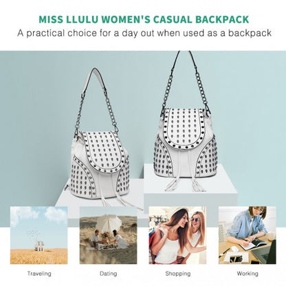 L1414 - Miss Lulu Skull Studded Backpack Shoulder Bag - Beige