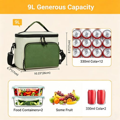 LBK2534 - Kono Insulated Lunch Bag-Water-Resistant 4-Layer Food Container, Leak-Proof, Portable with Adjustable Strap - Beige and Green