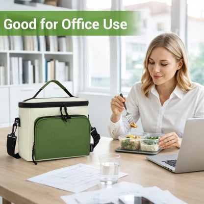 LBK2534 - Kono Insulated Lunch Bag-Water-Resistant 4-Layer Food Container, Leak-Proof, Portable with Adjustable Strap - Beige and Green