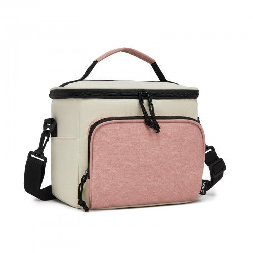 LBK2534 - Kono Insulated Lunch Bag-Water-Resistant 4-Layer Food Container, Leak-Proof, Portable with Adjustable Strap - Beige and Pink