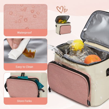 LBK2534 - Kono Insulated Lunch Bag-Water-Resistant 4-Layer Food Container, Leak-Proof, Portable with Adjustable Strap - Beige and Pink