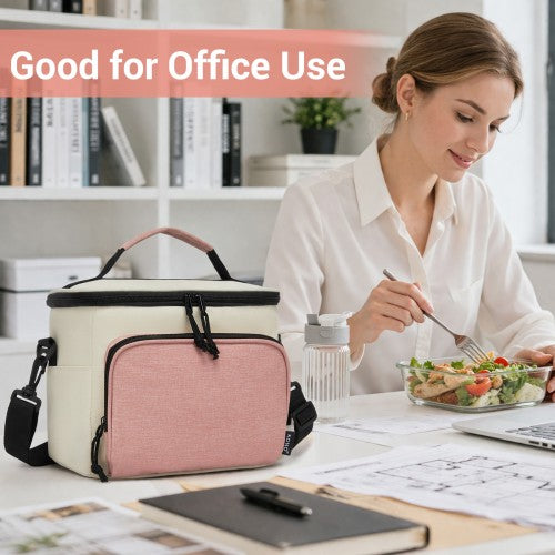 LBK2534 - Kono Insulated Lunch Bag-Water-Resistant 4-Layer Food Container, Leak-Proof, Portable with Adjustable Strap - Beige and Pink