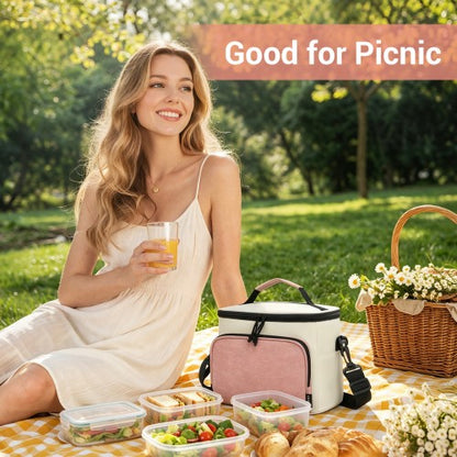 LBK2534 - Kono Insulated Lunch Bag-Water-Resistant 4-Layer Food Container, Leak-Proof, Portable with Adjustable Strap - Beige and Pink