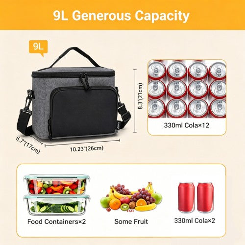 LBK2534 - Kono Insulated Lunch Bag-Water-Resistant 4-Layer Food Container, Leak-Proof, Portable with Adjustable Strap - Grey and Black