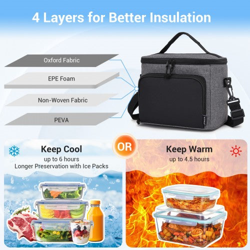LBK2534 - Kono Insulated Lunch Bag-Water-Resistant 4-Layer Food Container, Leak-Proof, Portable with Adjustable Strap - Grey and Black