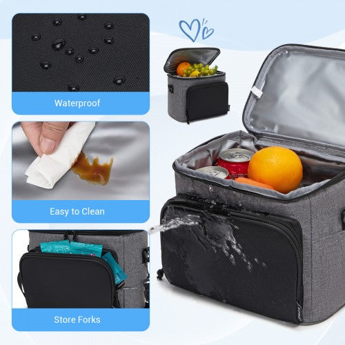 LBK2534 - Kono Insulated Lunch Bag-Water-Resistant 4-Layer Food Container, Leak-Proof, Portable with Adjustable Strap - Grey and Black