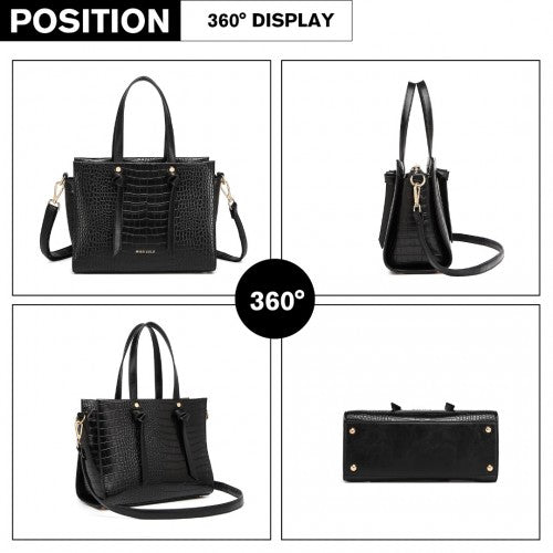 LT2135 - Miss Lulu Crocodile Pattern Large Capacity Leather Cross-body Handbag - Black