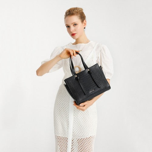 LT2135 - Miss Lulu Crocodile Pattern Large Capacity Leather Cross-body Handbag - Black