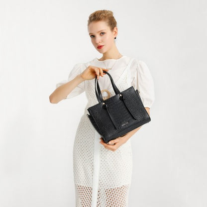 LT2135 - Miss Lulu Crocodile Pattern Large Capacity Leather Cross-body Handbag - Black