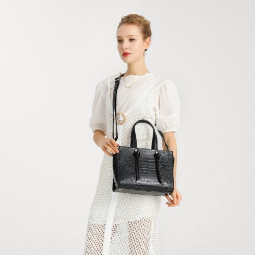 LT2135 - Miss Lulu Crocodile Pattern Large Capacity Leather Cross-body Handbag - Black