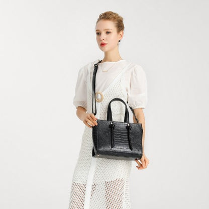 LT2135 - Miss Lulu Crocodile Pattern Large Capacity Leather Cross-body Handbag - Black