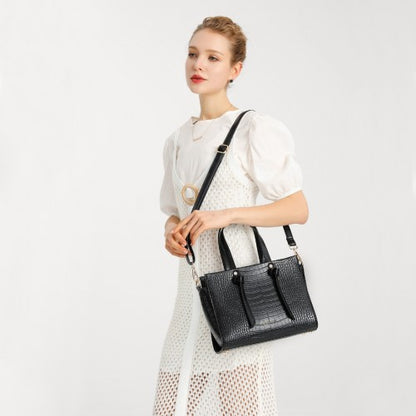 LT2135 - Miss Lulu Crocodile Pattern Large Capacity Leather Cross-body Handbag - Black