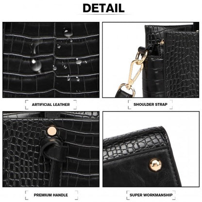 LT2135 - Miss Lulu Crocodile Pattern Large Capacity Leather Cross-body Handbag - Black