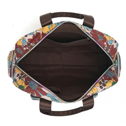 MSK2436F - Kono Large Capacity Travel Bag with Multiple Zippered Pockets And Flower Print Perfect For Daily Use - Khaki