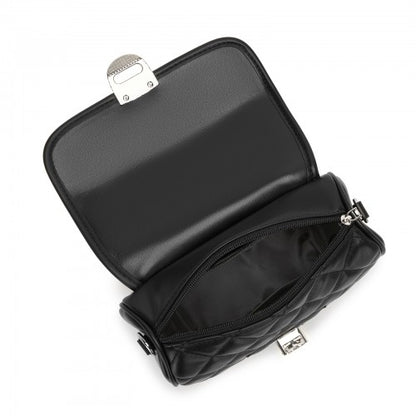 MSM2507 - Miss Lulu Practical Quilted PU Leather Crossbody Handbag with Secure Lock and Everyday Storage - Black