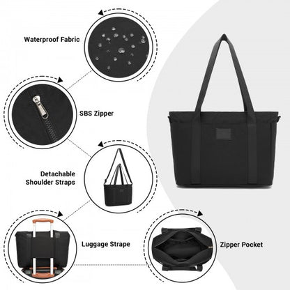 TVK2515 - Kono Comfortable and Easy-Carry Large-Capacity Travel Tote with Laptop Sleeve, Trolley Sleeve and Crossbody Strap - Black