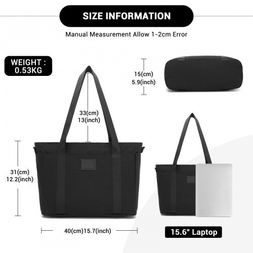 TVK2515 - Kono Comfortable and Easy-Carry Large-Capacity Travel Tote with Laptop Sleeve, Trolley Sleeve and Crossbody Strap - Black