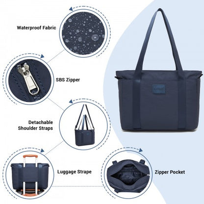 TVK2515 - Kono Comfortable and Easy-Carry Large-Capacity Travel Tote with Laptop Sleeve, Trolley Sleeve and Crossbody Strap - Navy
