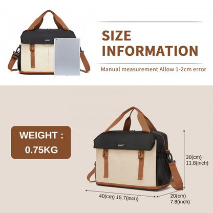 TVK2613 - Kono Expandable Cabin Travel Bag 40×30×20cm - Large Capacity, Water-Resistant, Multi-Compartment Weekend & Carry-On Tote - Black and Beige