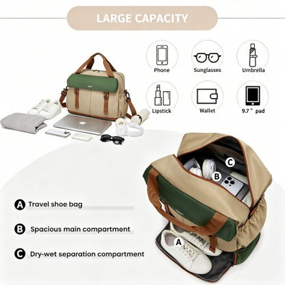 TVK2613 - Kono Expandable Cabin Travel Bag 40×30×20cm - Large Capacity, Water-Resistant, Multi-Compartment Weekend & Carry-On Tote - Khaki and Green