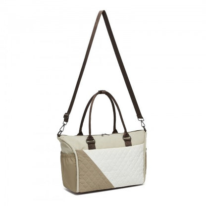 TVM2520 - Miss Lulu Stylish Quilted Color-Blocked Cabin Travel Bag with Dry-wet separation compartment & Trolley Sleeve - Khaki and Beige