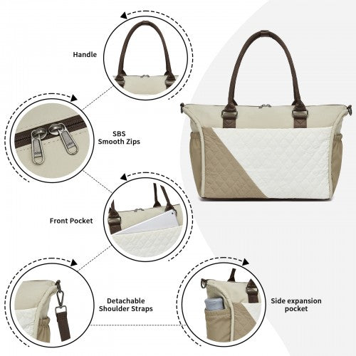 TVM2520 - Miss Lulu Stylish Quilted Color-Blocked Cabin Travel Bag with Dry-wet separation compartment & Trolley Sleeve - Khaki and Beige