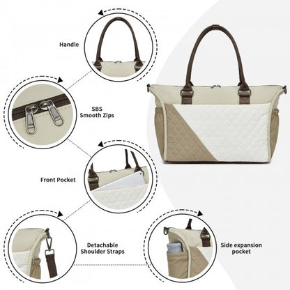 TVM2520 - Miss Lulu Stylish Quilted Color-Blocked Cabin Travel Bag with Dry-wet separation compartment & Trolley Sleeve - Khaki and Beige