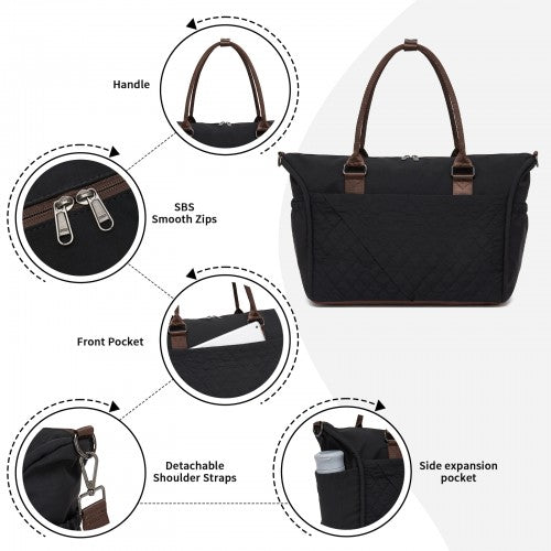 TVM2520 - Miss Lulu Stylish Quilted Color-Blocked Cabin Travel Bag with Dry-wet separation compartment & Trolley Sleeve - Black